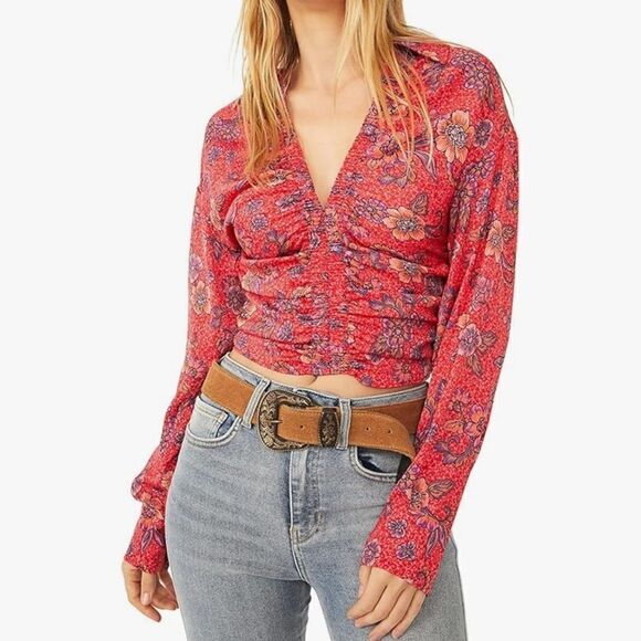FREE PEOPLE I Got You Printed Top Ruby Women’s Size Medium - Picture 1 of 9